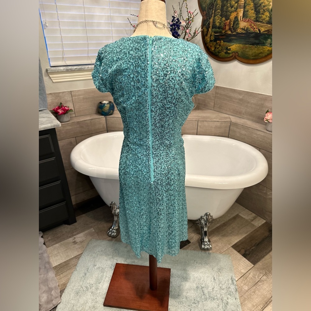 NWT Maggy London Aqua Teal Sequin Asymmetrical Spring Fling Dress 4 - Picture 12 of 12